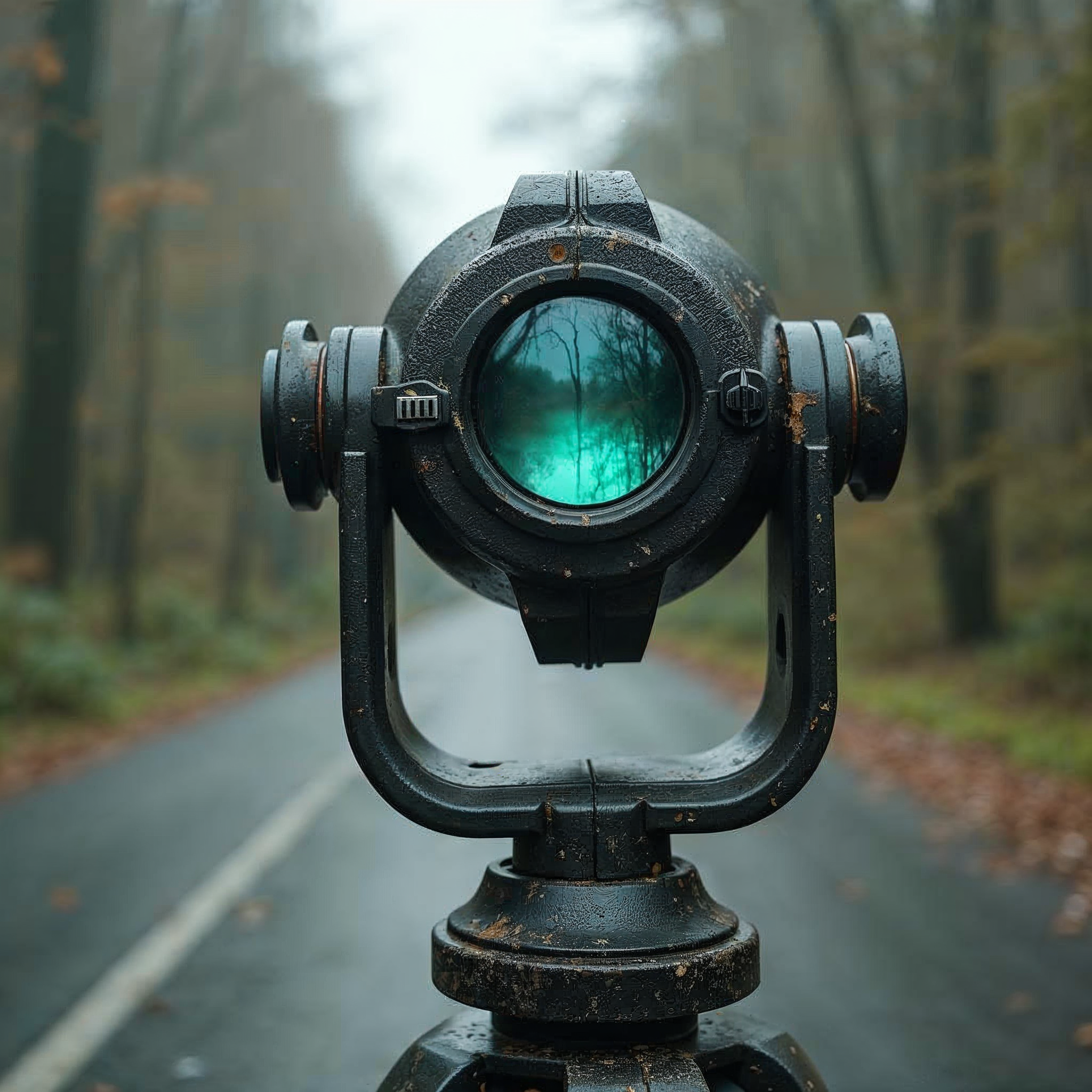 A close-up of a vintage gyroscope-like device with a glowing teal lens, symbolizing balance, clarity, and focus on the road ahead.